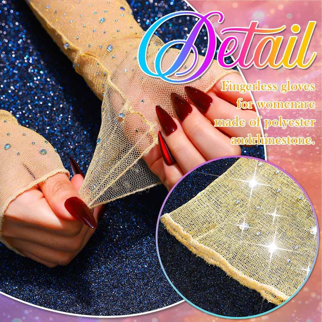 CASDRE Sparkly Rhinestone Long Gloves Fingerless Mesh Elbow Length Arm Sleeves Prom Costume Gloves for Women - Image 5