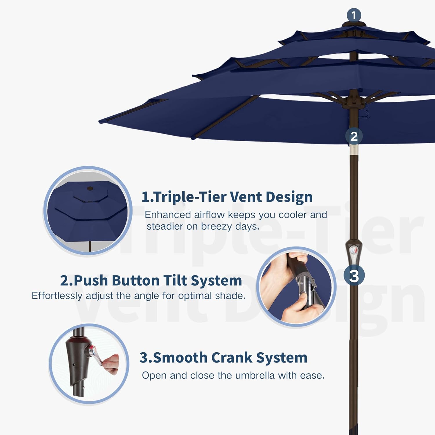 10FT Patio Umbrella 3 Tiers Outdoor Market Umbrella w/Push Button Tilt, Crank, UV and Waterproof Table Umbrella for Garden, Pool, Backyard, Deck, Lawn, Navy Blue