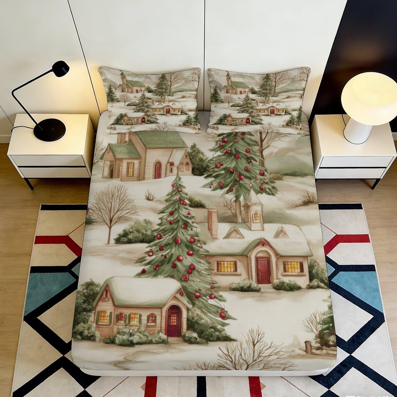 Zfldkwgb Style-8 3D Printed Snow Village Fitted Sheet Microfiber Soft Christmas Cottage Bed Cover Anti-Slip Machine Washable Decor 90X200x25cm
