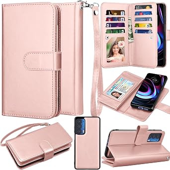 for Motorola Moto Edge 2021 Wallet Case, Moto Edge 5G UW 2021 Case, Credit Card Holder Slots Folio Flip Cover PU Leather [Kickstand] Detachable Magnetic Hard Phone Case & Strap [Rose Gold]