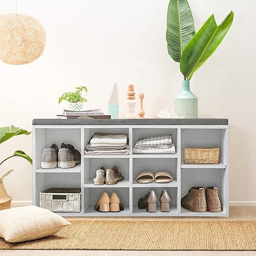 Miniatura 2 de Banco de almacenamiento de zapatos con 10 cubos ajustables, banco de entrada con estantes de 3 niveles para pasillo, sala de estar, dormitorio,
