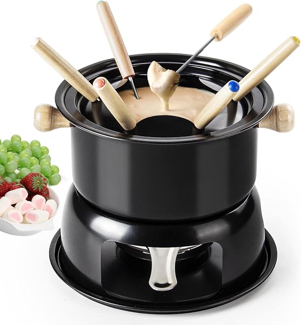 Virklyee Zestaw fondue z serem Zestaw fondue ze stali nierdzewnej Nadaje się do mięsa, sera, czekoladowego gorącego garnkaz sześcioma widelcami ze stali nierdzewnej (Kolor czarny)