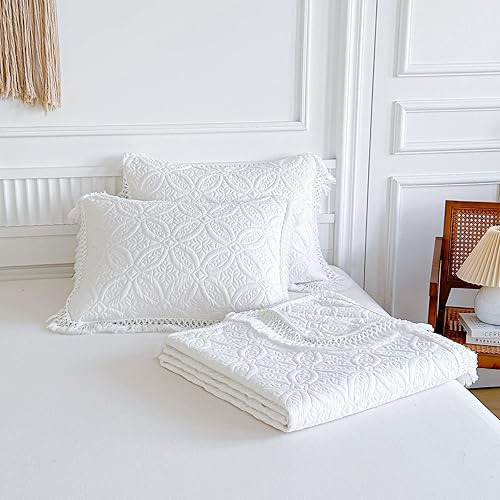 Miniatura 9 de UOZZI BEDDING Juego de edredón de 3 piezas con borlas blancas, tamaño Queen y matrimonial de 90 x 90 pulgadas, colcha de microfibra suave y ligera,