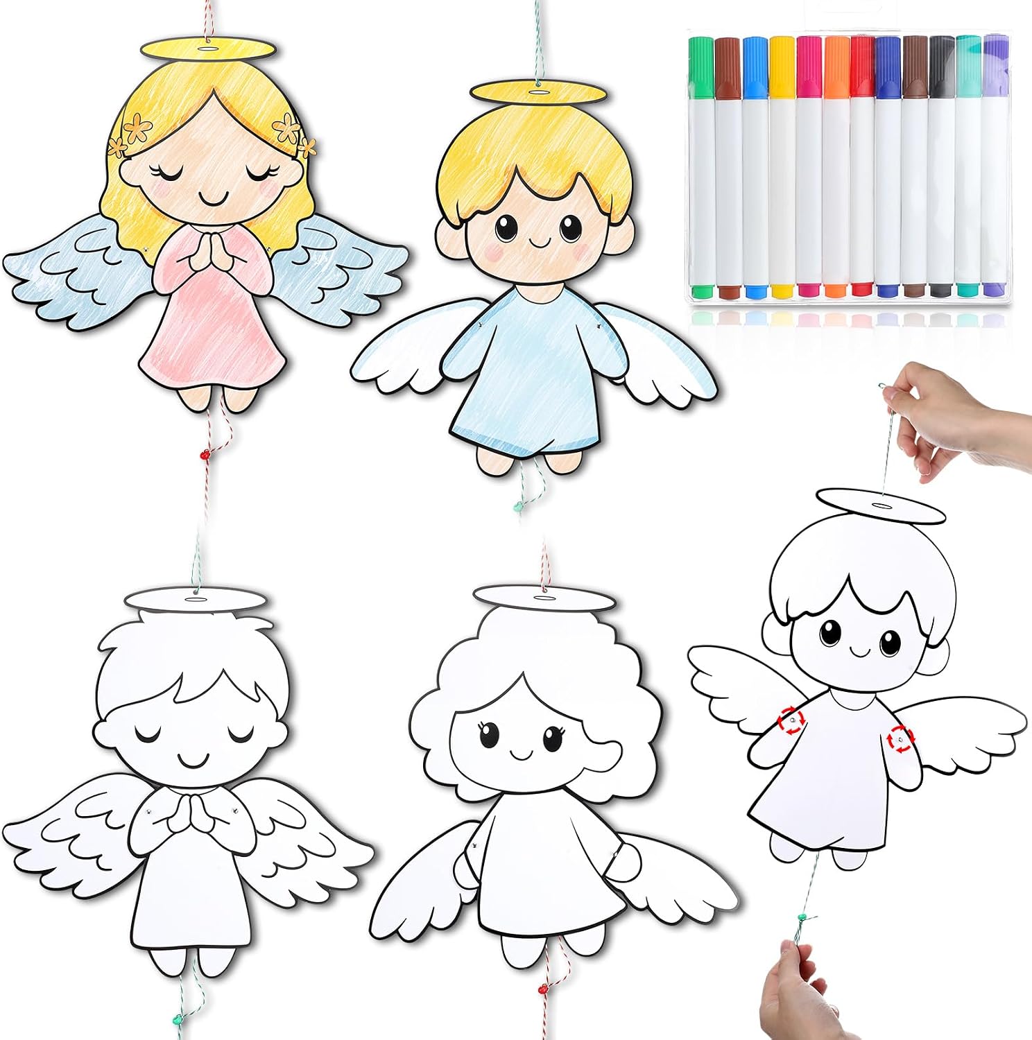 Motiskyy 24 Set Religious Coloring Crafts Color Your Own Angel Ornaments Pull String Doll with Watercolor Pens Crafts Kits for Christian DIY Sunday Home VBS Activities