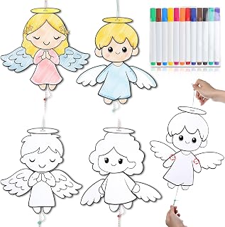 24 Set Christmas Angel Coloring Crafts Color Your Own Angel Ornaments Pull String Doll with Watercolor Pens Crafts Kits for Xmas Winter Home Sunday School DIY Activities