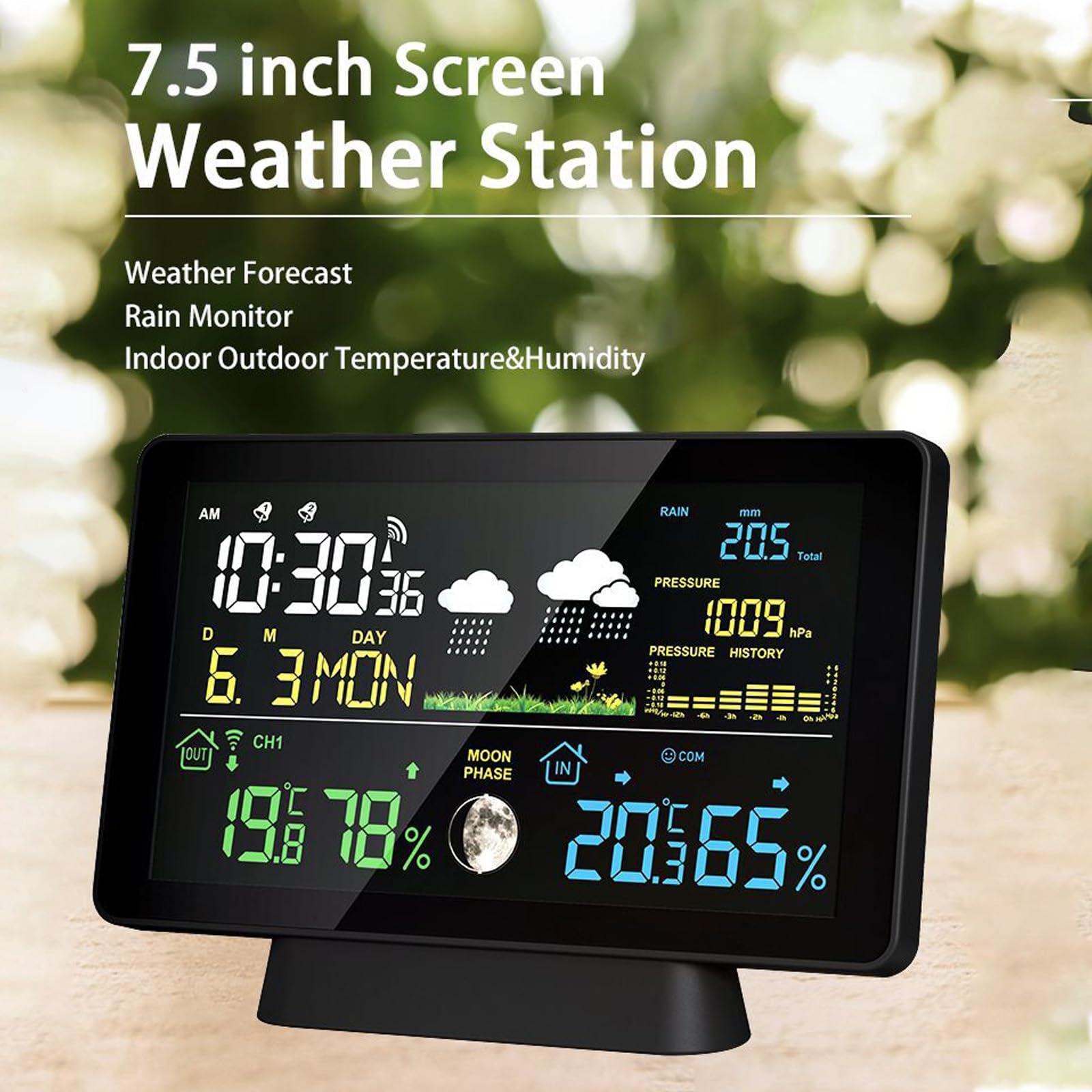 Drahtlose Wetterstation, Innen-/Außen, Temperatur, Luftfeuchtigkeit, Uhrzeit, Datum, Funksignal, Luftdruck, Mondphasenanzeige, Regenmesser, digitale Wettervorhersagestation, Wecker