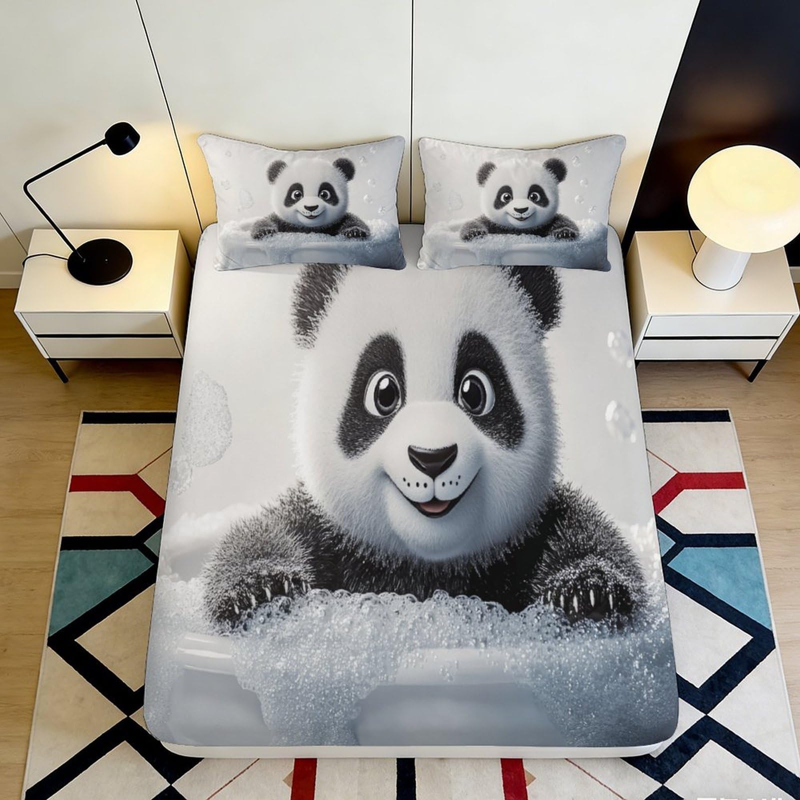 3D Printed Panda Cartoon Fitted Sheet Microfiber Soft Breathable Cute Animal Bed Cover for Bedroom Dormitory Guest Room Mattress Protection 120x200x25cm