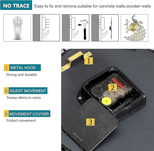 Miniatura 24 de Gran reloj de estilo pavo real para pared, silencioso, no hace tictac, digital, artístico, para decorar la sala o una habitación, de 27.6 pulgadas