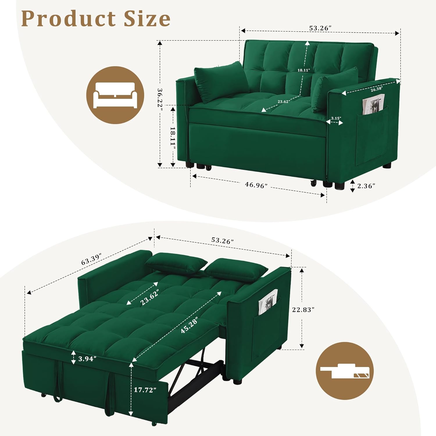 Sleeper Sofa Bed,55 Inch Convertible 3-in-1 Pull Out Bed with Side Pockets Velvet Fabric Loveseat Sleeper Sofa with Adjustable Backrest for Living Room,Bedroom,Apartment and Small Space(Green)