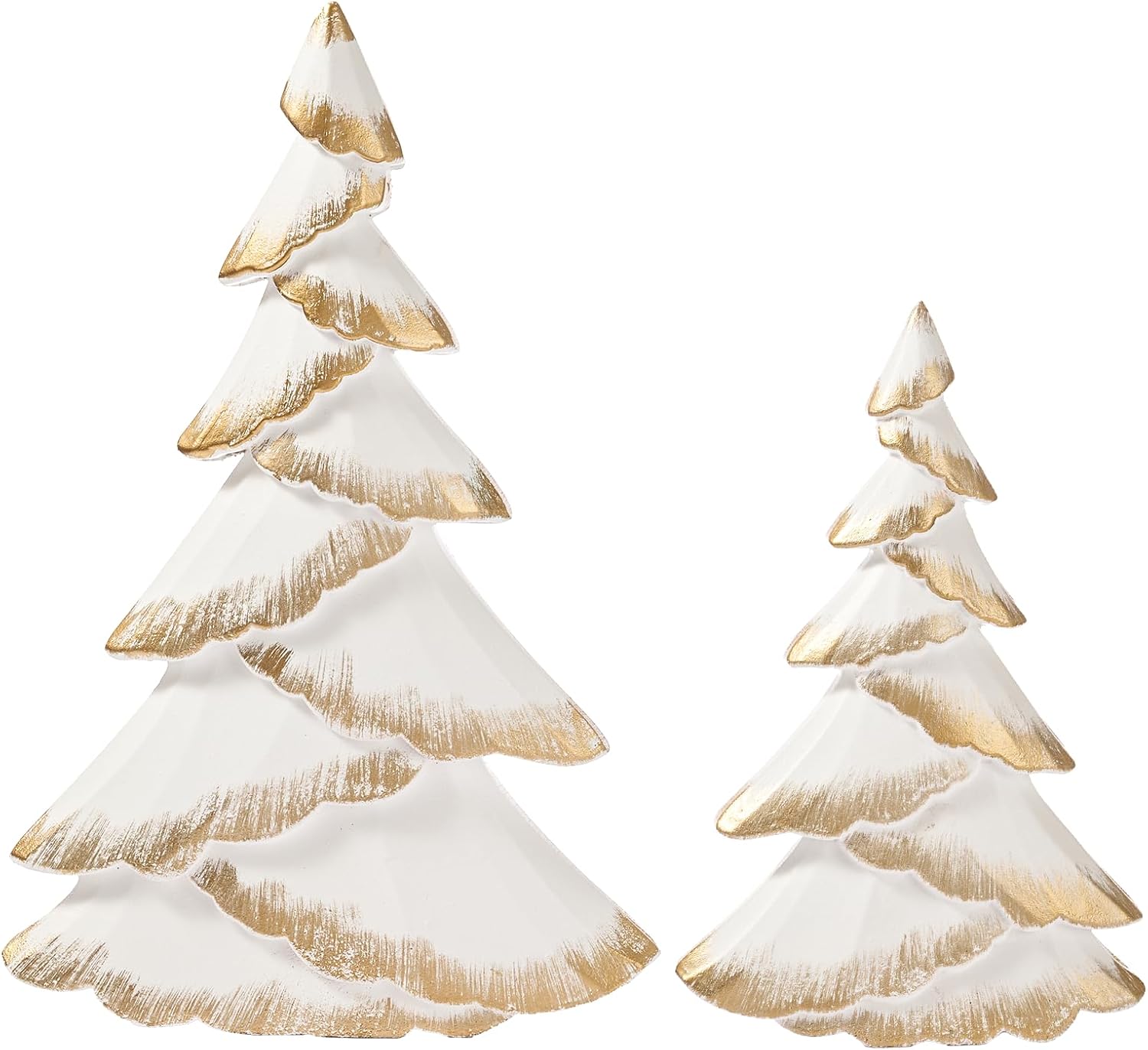 RM ROOMERS Christmas Tree Figurines Wood, Set of 2 White & Gold Christmas Trees - Modern Tabletop Trees Desk Centerpieces for Xmas Decor, Mantel, Indoor, Holiday Decrations, Mini Christmas Village