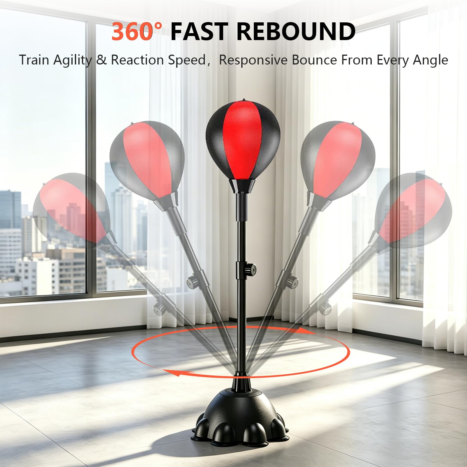 Punching Ball, Boxball Standboxsack Höhenverstellbar 110-160 cm, Boxtrainer | mit 8 Saugnapf-Basis, Reflexball für Erwachsene, Boxset mit 2 Paar Boxhandschuhen, Schutzausrüstung und Luftpumpe
