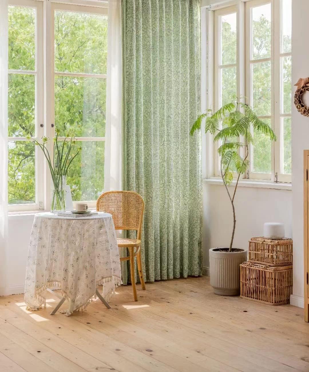 Sage Green Boho Curtains for Bedroom Living Room 45 Inches Long Semi Blackout Farmhouse Curtains 1 Pannel Linen Window Curtain Panel, White Floral Pattern Curtain Drapes (Rod Pocket, 52" W x 45" L)