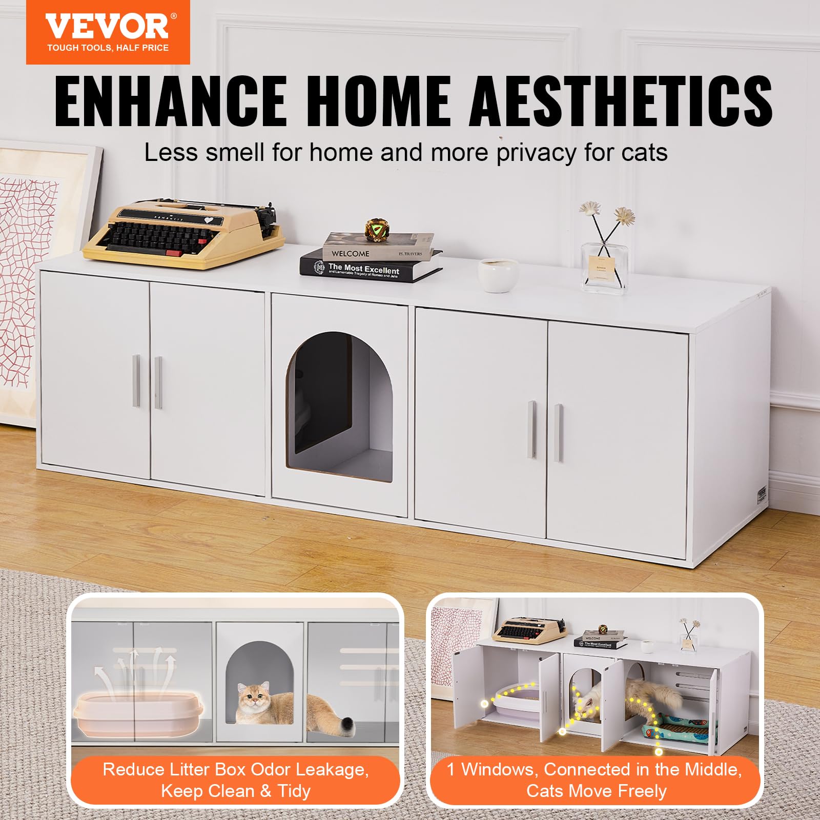 VEVOR Muebles de Baño Oculto para Gatos 1,47 x 0,46 x 0,45 m Casa de Inodoro Con Puertas Decoradas de Ratán Armario de Madera para Ocultar Las Cajas de Arena, Blanco