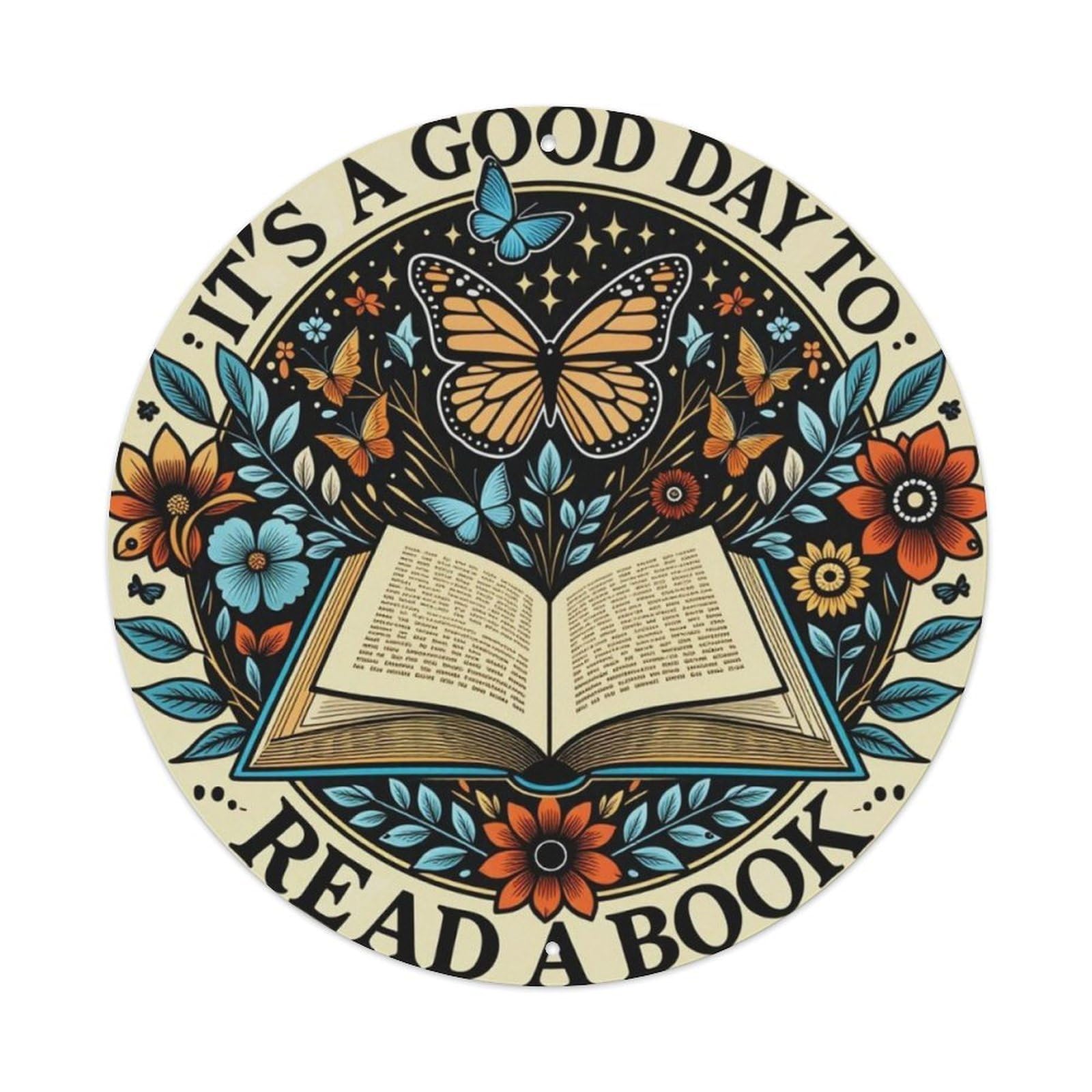 Floral Butterfly Book Lover Round Decor Sign Vintage Aluminium Metal Sign, Retro Wall Decor for Home, Bar, Garage & Farmhouse 20x20cm