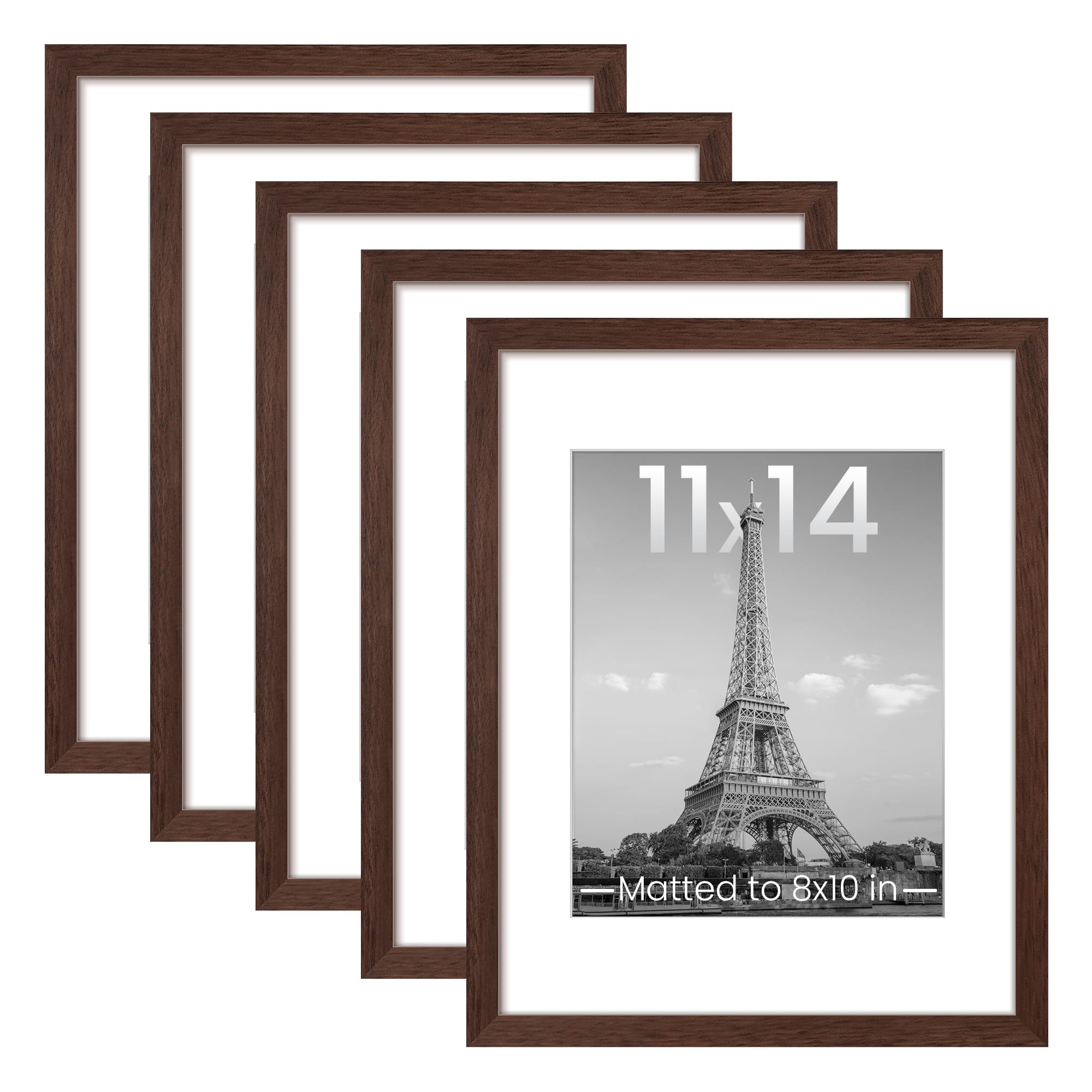 Photo 1 of upsimples 11x14 Picture Frame Set of 5, Display Pictures 8x10 with Mat or 11x14 Without Mat, Wall Gallery Photo Frames, Brown