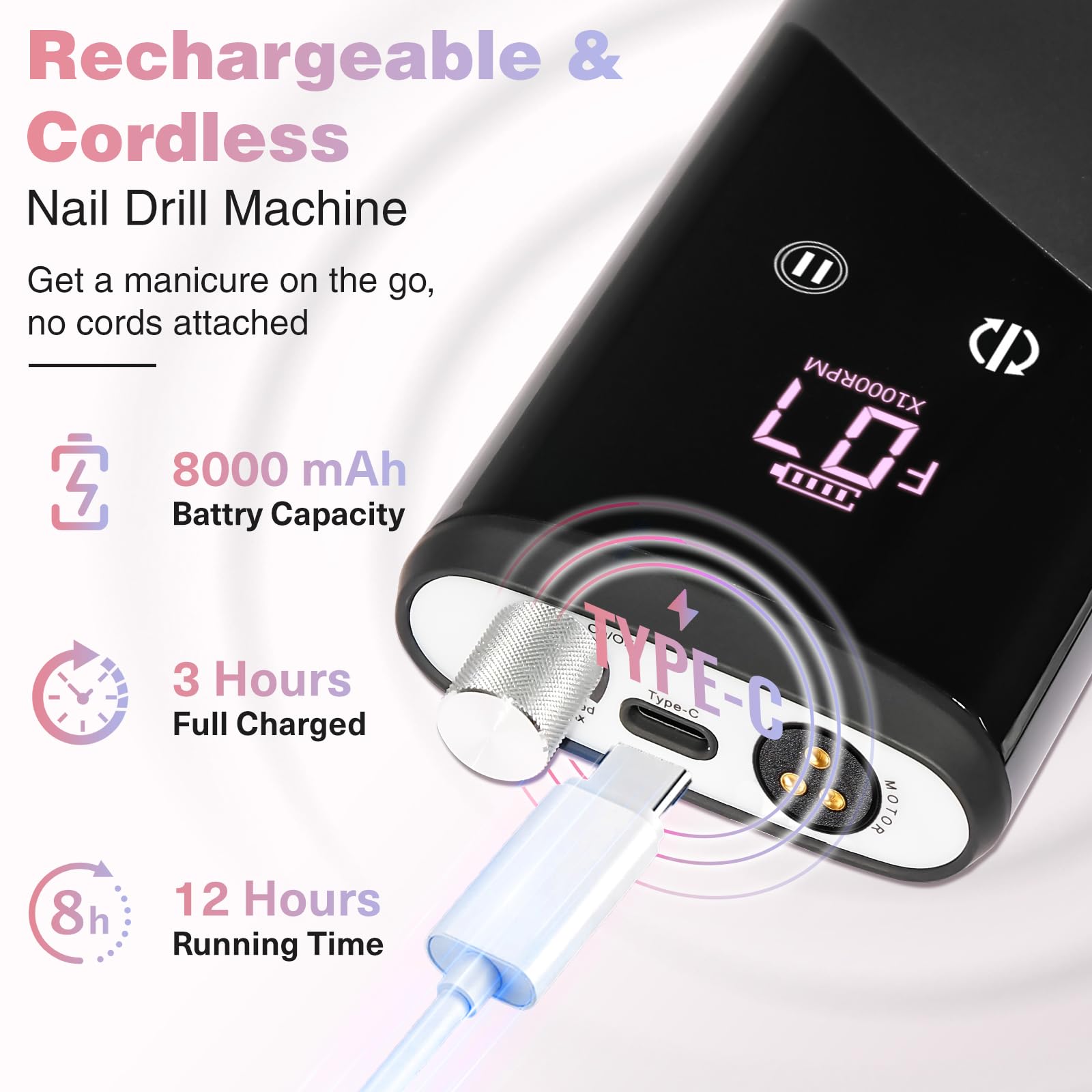 Perceuse à ongles électrique professionnelle, 40 000 tr/min, lime à ongles rechargeable sans fil avec moteur silencieux sans balais, perceuse à ongles électronique portable et embouts pour enlever le