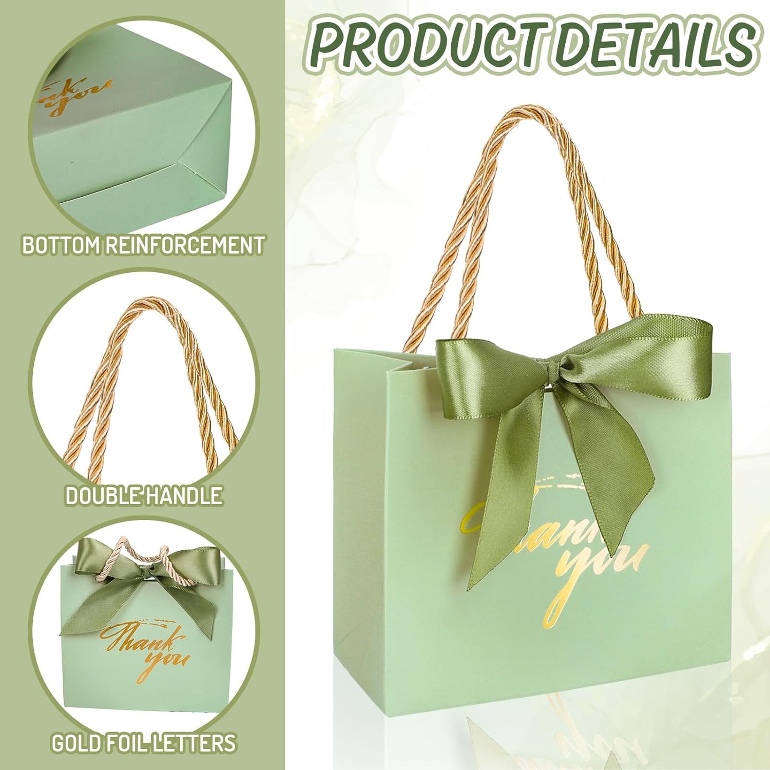 Whaline 60Pcs Thank You Paper Gift Bags with Bow Gradient Sage Green Party Favor Bags with Handles for Wedding Bridal Baby Shower Birthday Party - Image 3