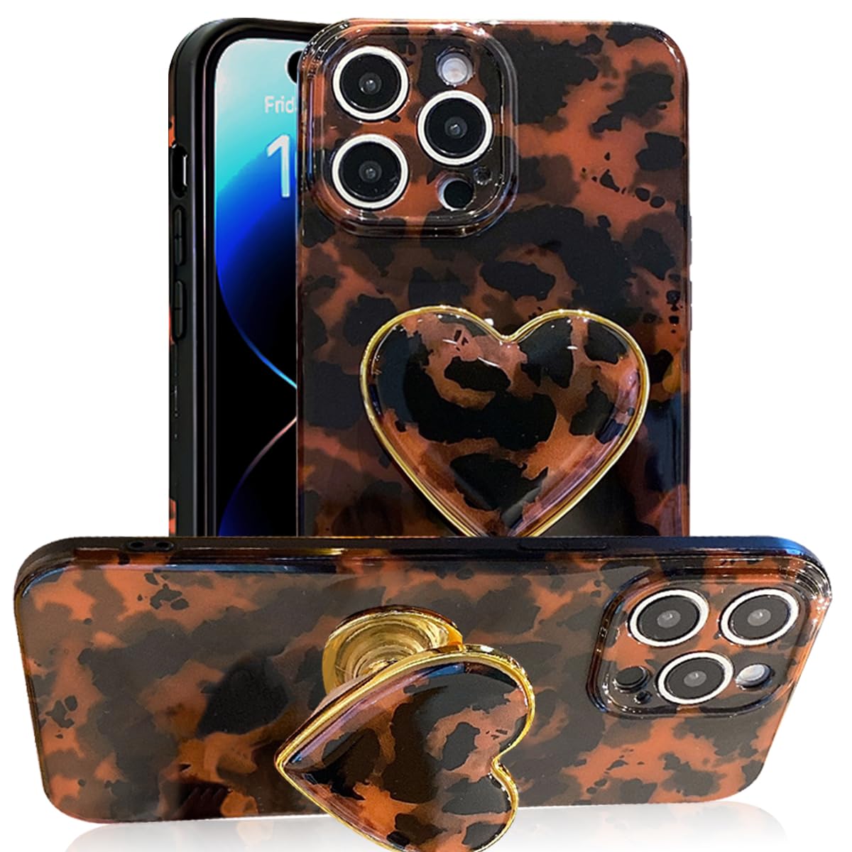 Espumoso Compatible with Cute iPhone 16 Pro 6.3 ''Case, Tortoise Shell Phone Case with Brown Amber Print Leopard Heart Holder Stand Kickstand