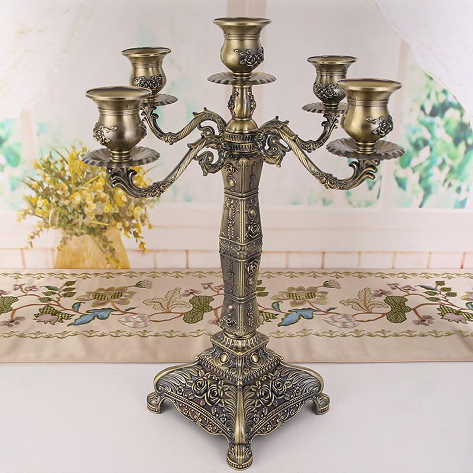5-Arm Candelabra, 17 Inch Vintage Embossed Candle Holder, Retro Decorative Candlestick, Centerpiece Candle Stand Metal Tabletop Candelabra for Weddings and Dinner Parties