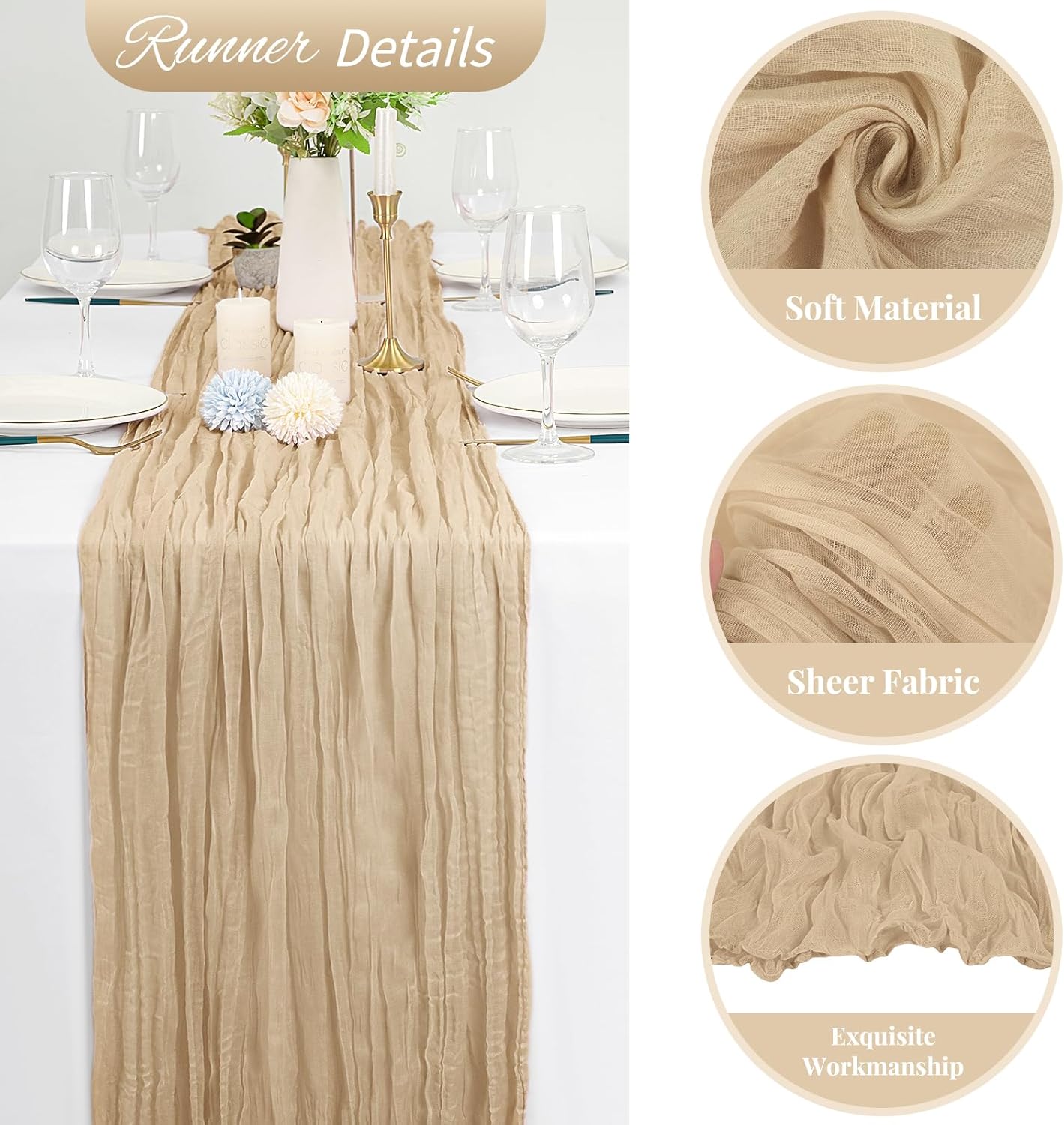 10 Pack Beige Cheesecloth Table Runner 10FT Boho Romantic Gauze Table Runner 20 x 120 Inch Rustic Sheer Runner for Wedding Party Bridal Shower Thanksgiving Christmas Decoration