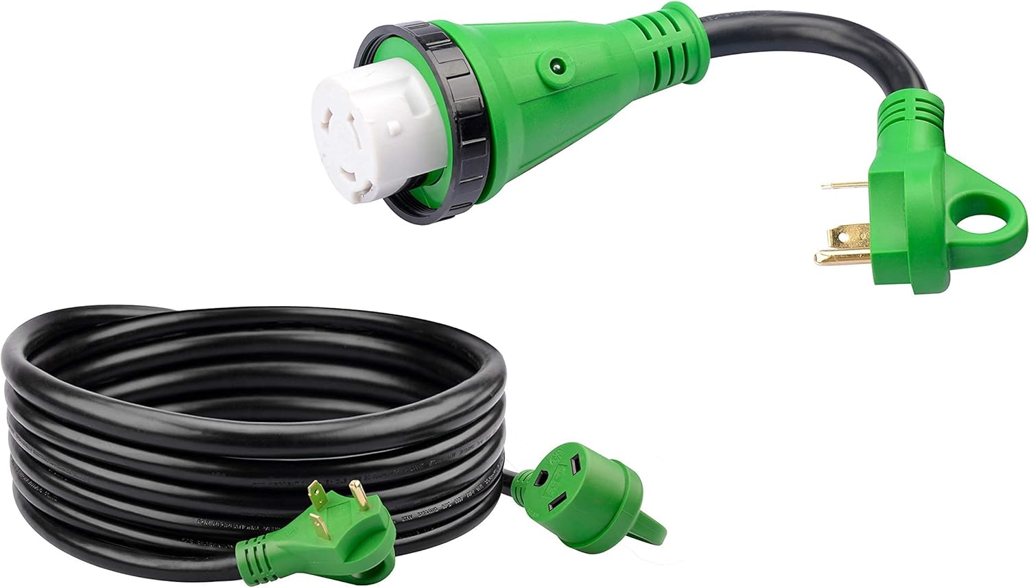 RVGUARD Bundle 30 Amp to 50 Amp RV Adapter Cord with 30 Amp 25 Feet RV Power Extension Cord, Heavy Duty STW with LED Powr Indaictor and Cord Organizer, Green, ETL Listed