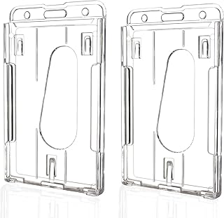 Teskyer Hard Plastic Badge Holder, Clear ID Badge Name Card Holder with Easy Access Thumb Slot, Holding 2 Cards, Vertical ...