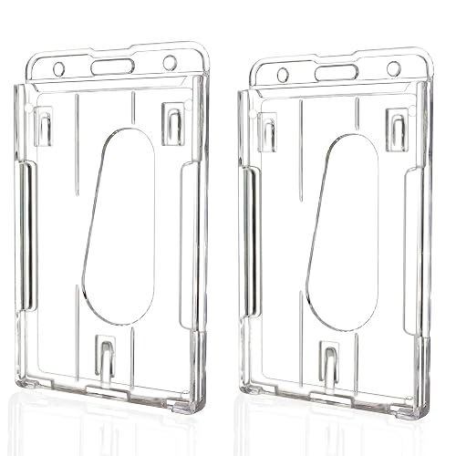 Teskyer Hard Plastic ID Badge Holder, Vertical, 2 Pack | Impact-Resistant Polycarbonate, Crystal-Clear & Anti-Yellowing, Holds 2 Cards, Thumb Slot Access, Scan Without Removing Card