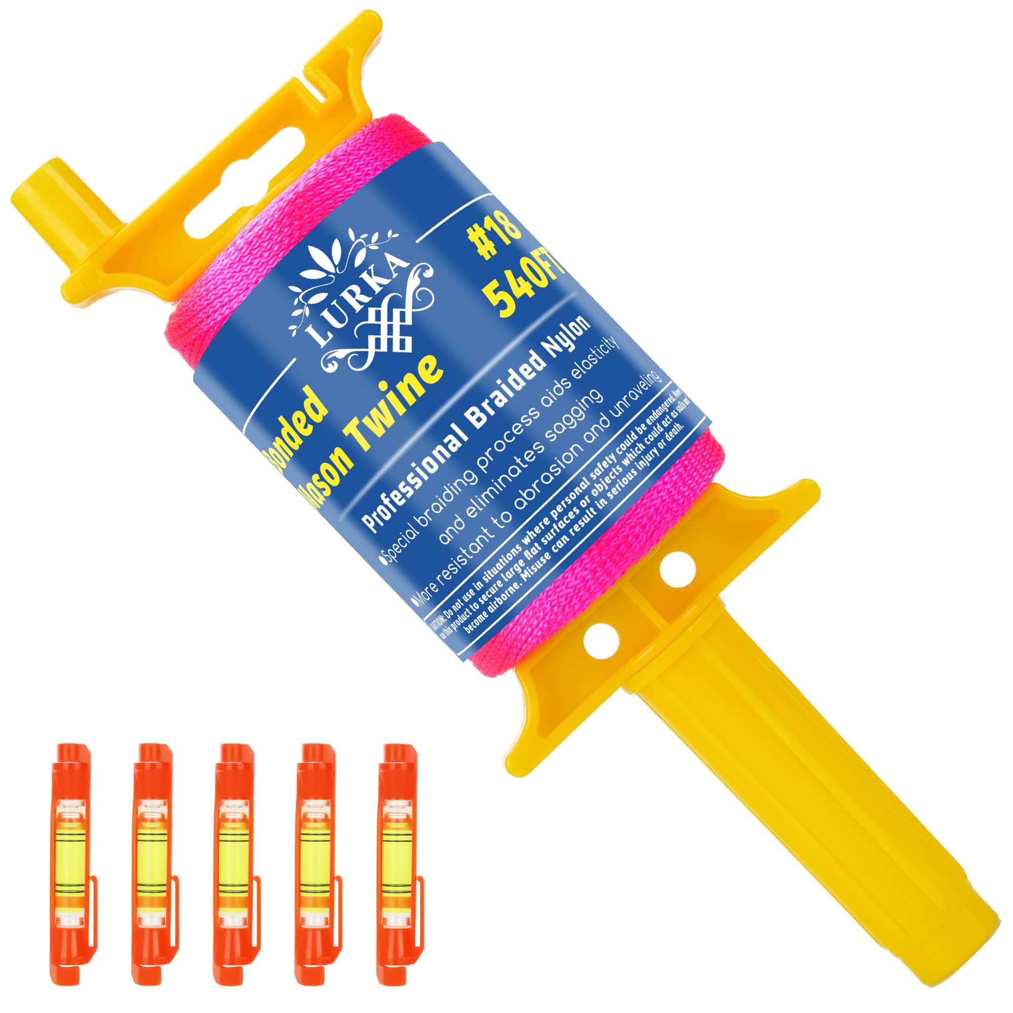 LURKA Mason Line String, #18 540 pies de construcción trenzada de nailon con 5 niveles integrados y carrete de cuerda rosa fluorescente para trabajos de precisión, bricolaje y proyectos de jardinería