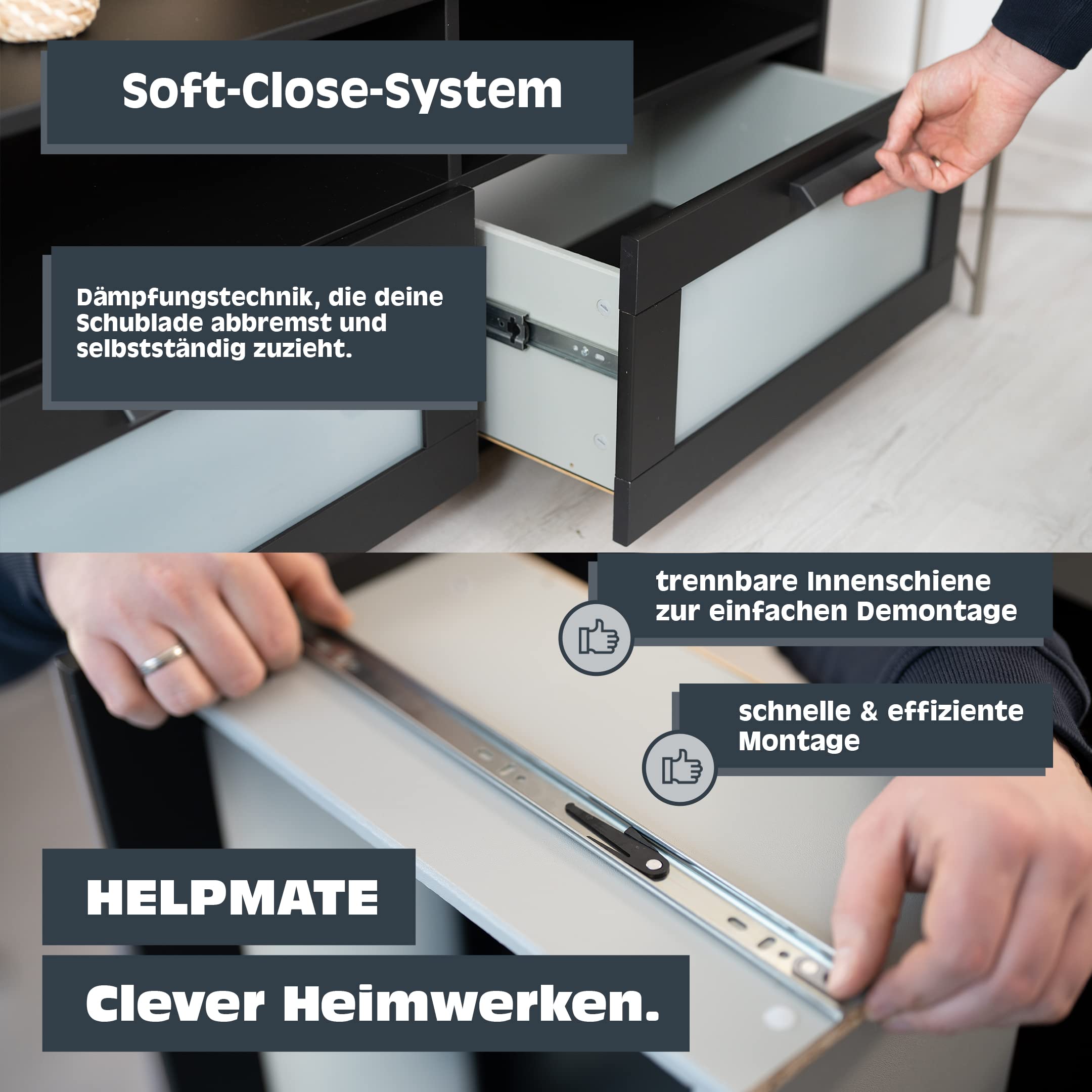 HELPMATE – Schubladenschienen softclose – Vollauszug 400 mm – 2 Paar