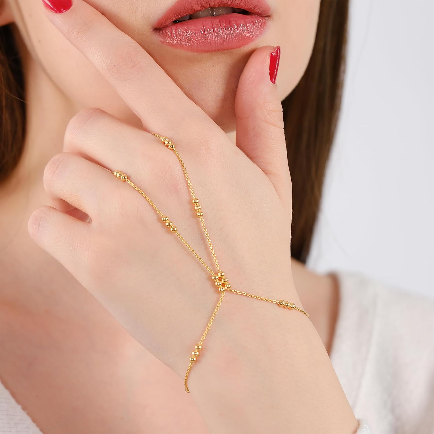 MIONZA 18K Gold Vermeil Bracelet Ring Hand Chain, Adjustable Finger Bracelet, Dainty Charm Hand Jewelry for Women, Birthday Gift for Her - Image 7