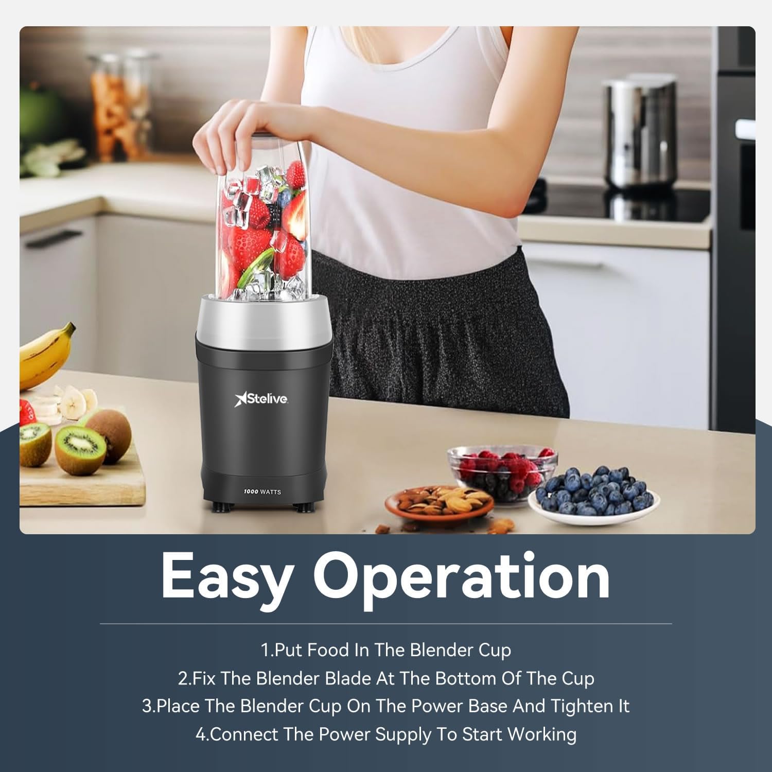 1000W Electric Juice Blender Portable Blender Fresh Juice Mixer Smoothie Maker Electric Shakes Juicer Machine with 2 Cups & Portable Cup Lids for Outdoors Travel, Sports, Kitchen (Black)