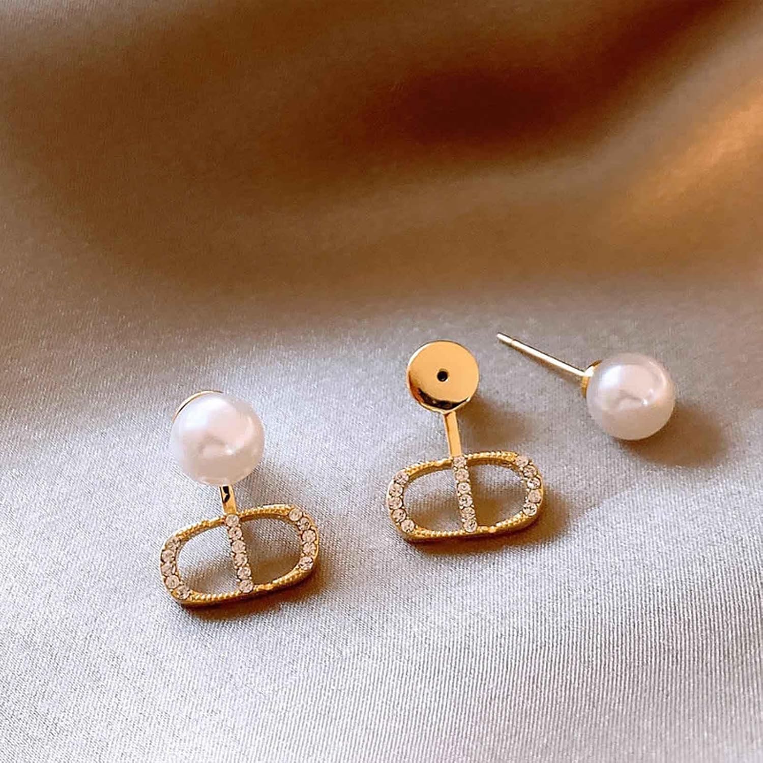 W WEILIRIAN Boho Pearl Jacket Earrings Crystal Letter Earrings Gold Pearl Stud Earrings Pearl Wedding Earrings Front Back Earrings Jewelry for Women - Image 4