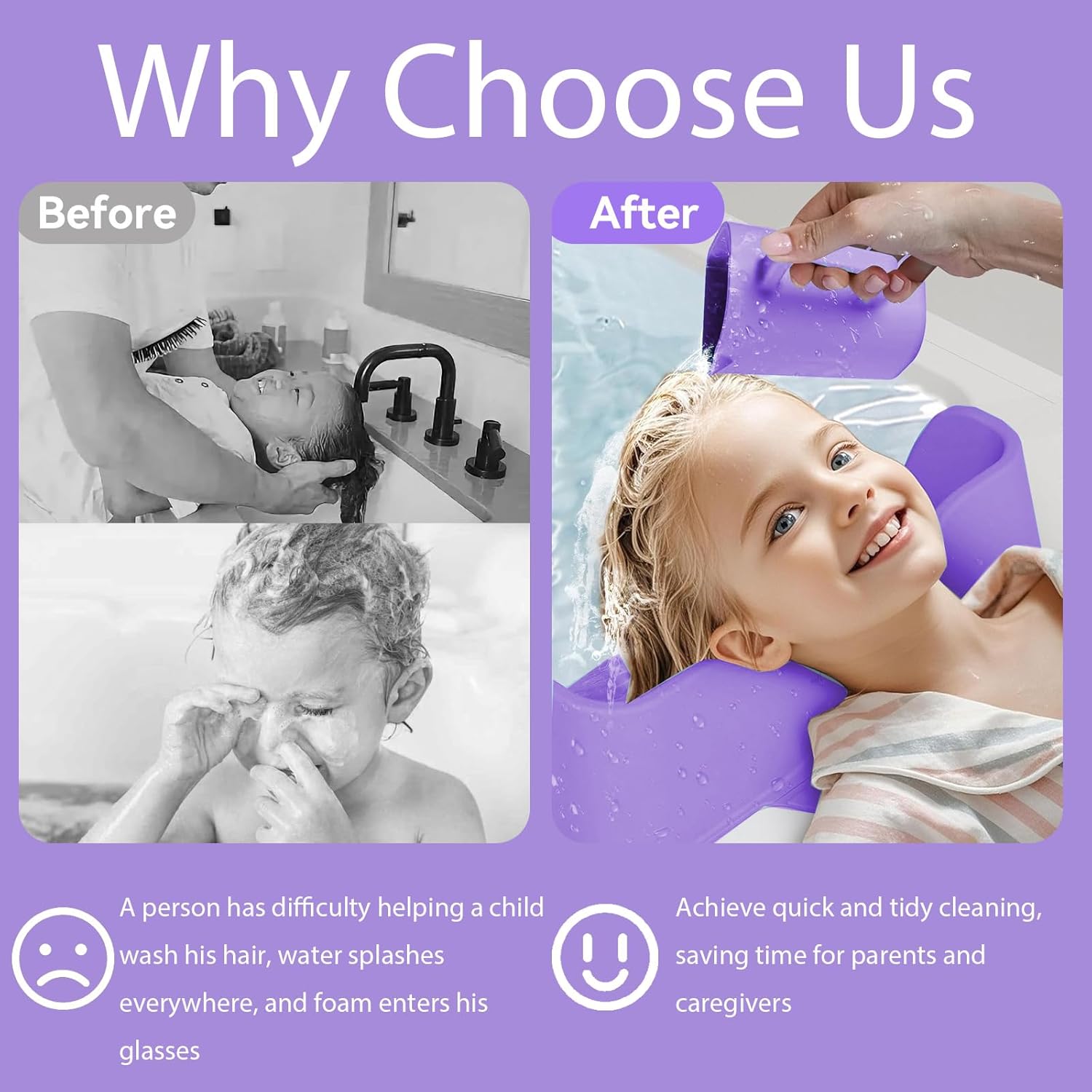 Portable Hair Washing Station for Kids, Silicone Hair Wash Basin with Suction Rinse Cup, Tear-Free Shampoo Bowl with Absorbent Towel and Shampoo Massage Brush for Sink or Bathtub(Purple)