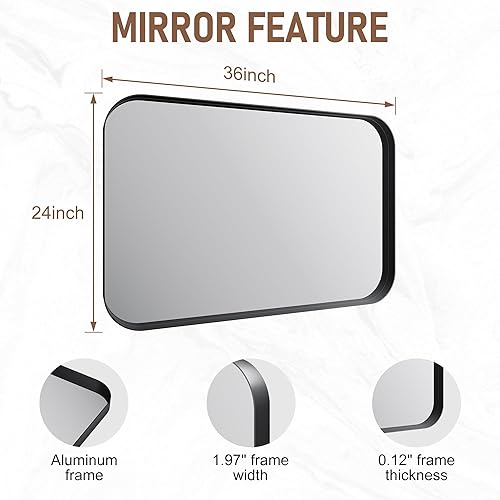 Miniatura 7 de Espejo de baño de 24 x 36 pulgadas para pared, espejo de pared enmarcado de aleación de aluminio negro, espejo rectangular redondeado de tocador de