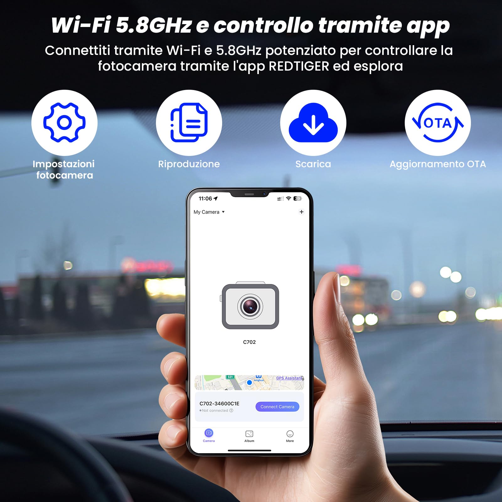 Dash Cam Auto 4K Anteriore e 2K Posteriore, WiFi 5GHz con App, G-Sensor, Registrazione in Loop, Modalità Parcheggio 24H, SD 64G
