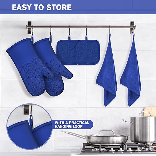 Vista 34 de 6 guantes de horno y soportes para ollas, resistentes al calor de 500 ℉ con toallas de cocina, forro de algodón suave y superficie de silicona Gris