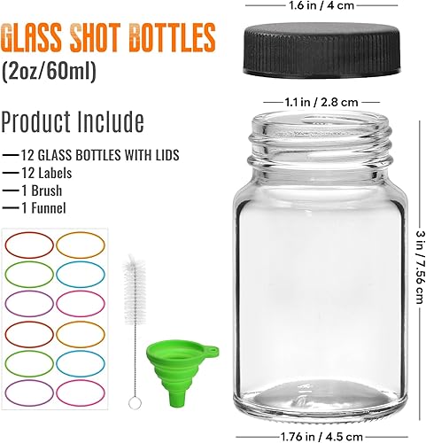 Vista 2 de EkkoVla Paquete de 12 botellas de vidrio de 2 onzas con tapas para líquidos, tarros de boca ancha de 2.1 onzas líquidas con tapas, botellas