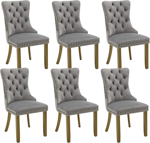 Miniatura 10 de Juego de 4 sillas de comedor de terciopelo beige, sillas tapizadas modernas para comedor con respaldo capitoné y acentos de madera, patas curvas de