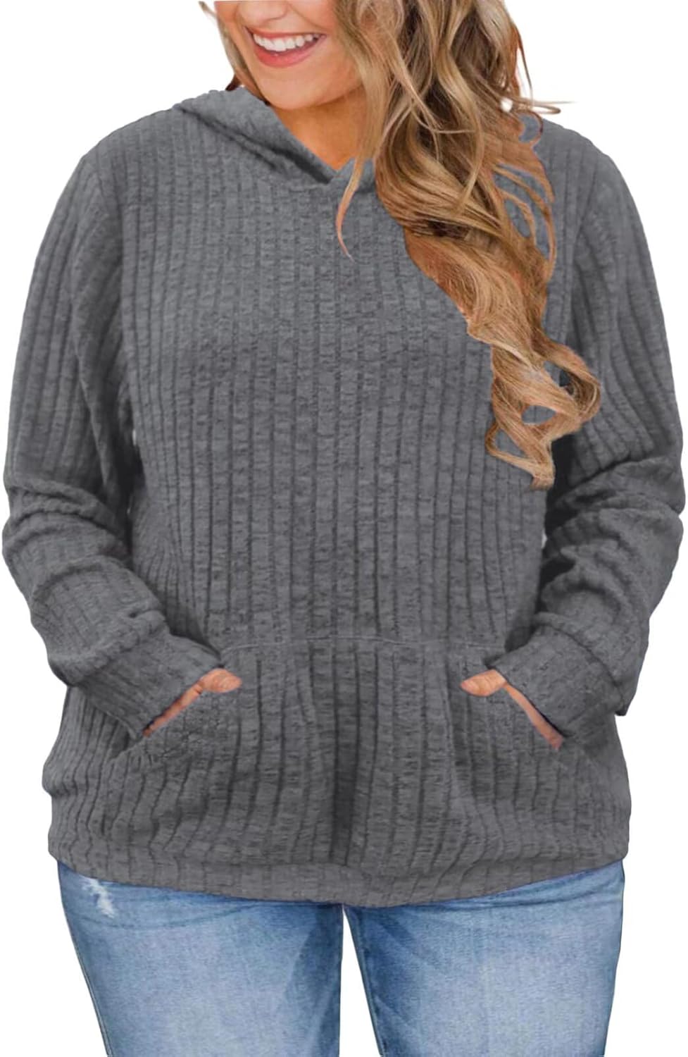 VISLILY Plus-Size-Hoodies for Women Casual Kangaroo Pocket Sweaters Trendy Long Sleeve Pullover Sweatshirts Cute Loose Tops