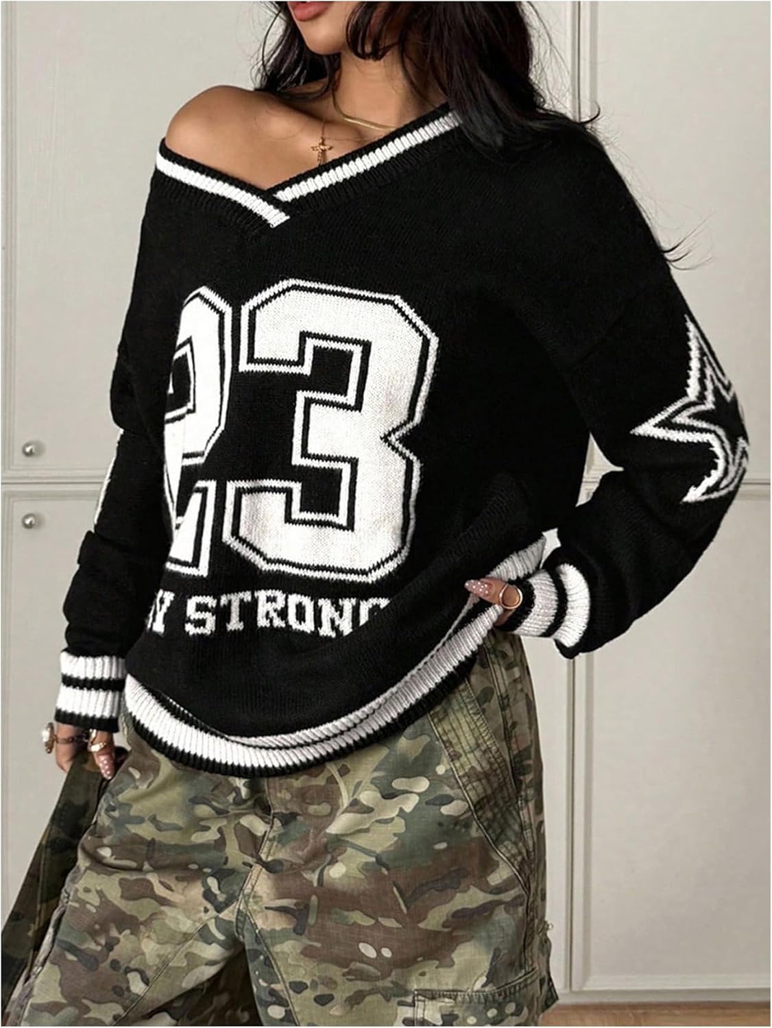 SweatyRocks Women's Y2k Oversized Sweaters Number Graphic Print Knit Sweater Pullovers Jersey Top - Image 4