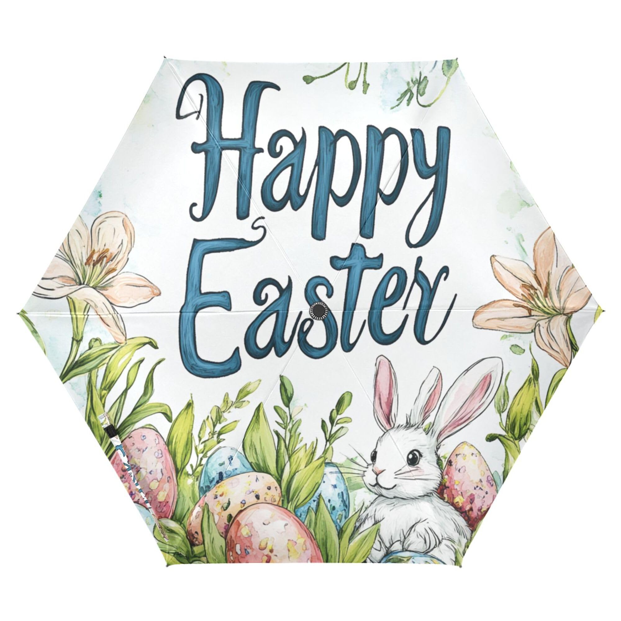 JUNZAN Happy Easter Bunny Ear Lily Watercolor Eggs Umbrellas For Rain 39 Inch Retractable Automatic Open Close Mini Umbrella for Kids Outdoor Defence Accessories