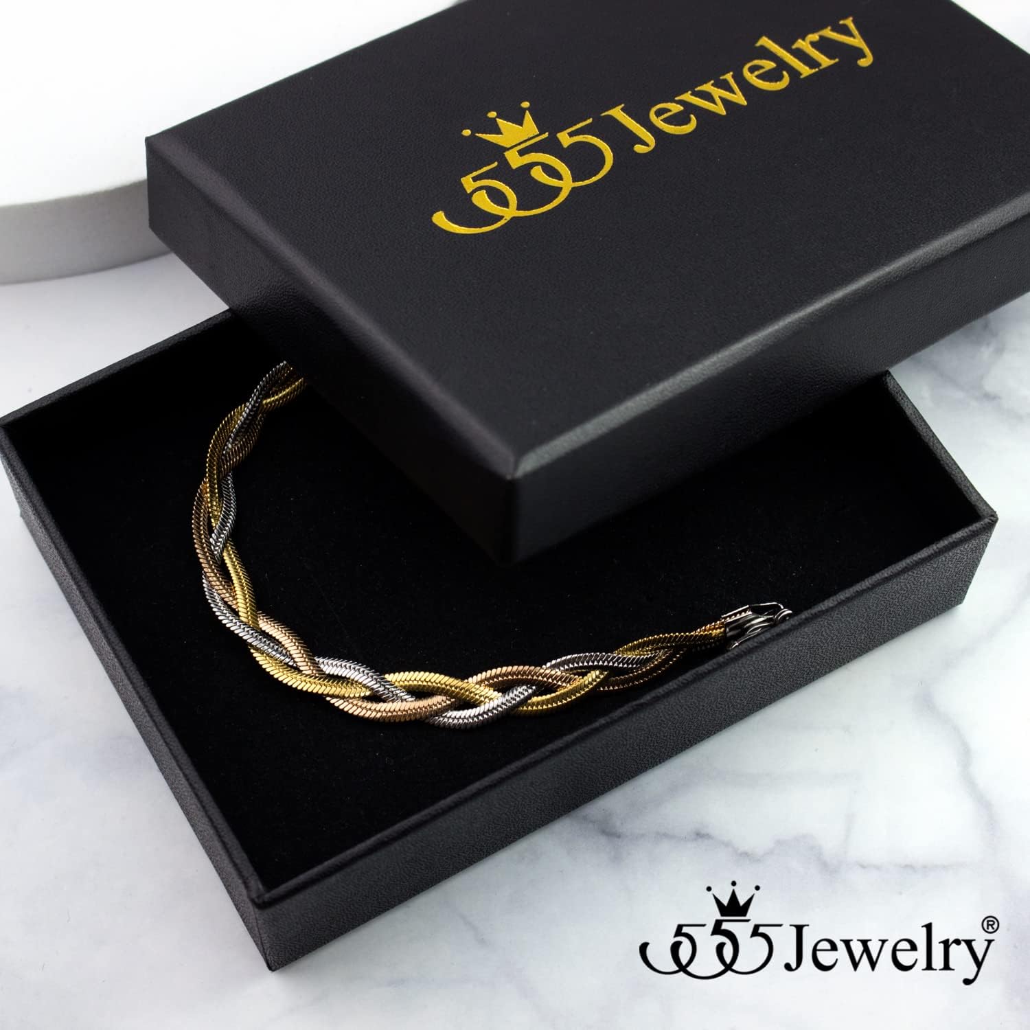555Jewelry Stainless Steel Flat Braided Snake Chain Bracelet for Women & Ladies