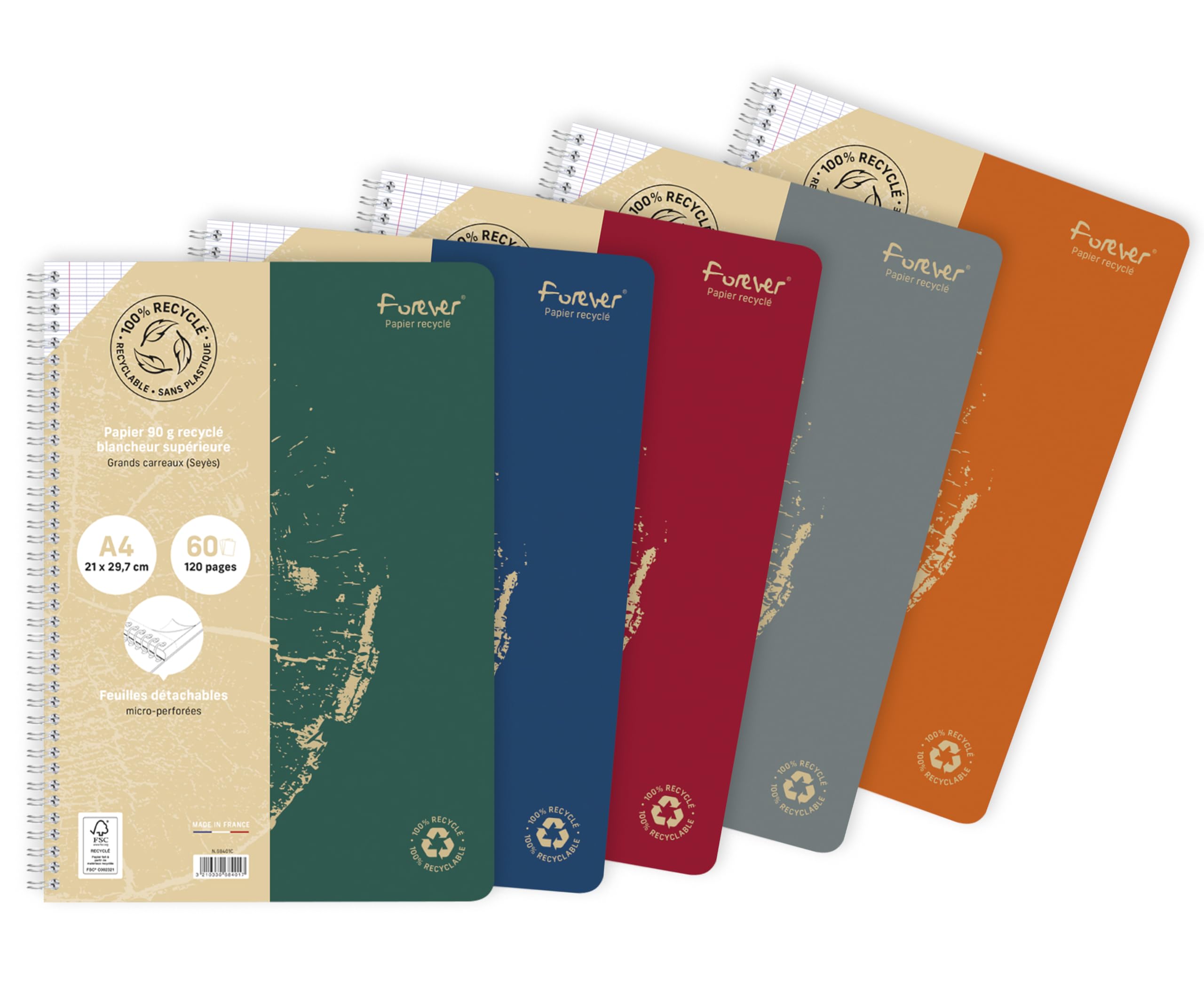 Forever 68401C - Set of 5 100% Recycled Spiral Notebooks (a Clairefontaine Brand) - A4 21x29,7 cm - 120 Large Seyes Ruled Detachable Pages - 90 g White Recycled Paper - Recycled Hardcover