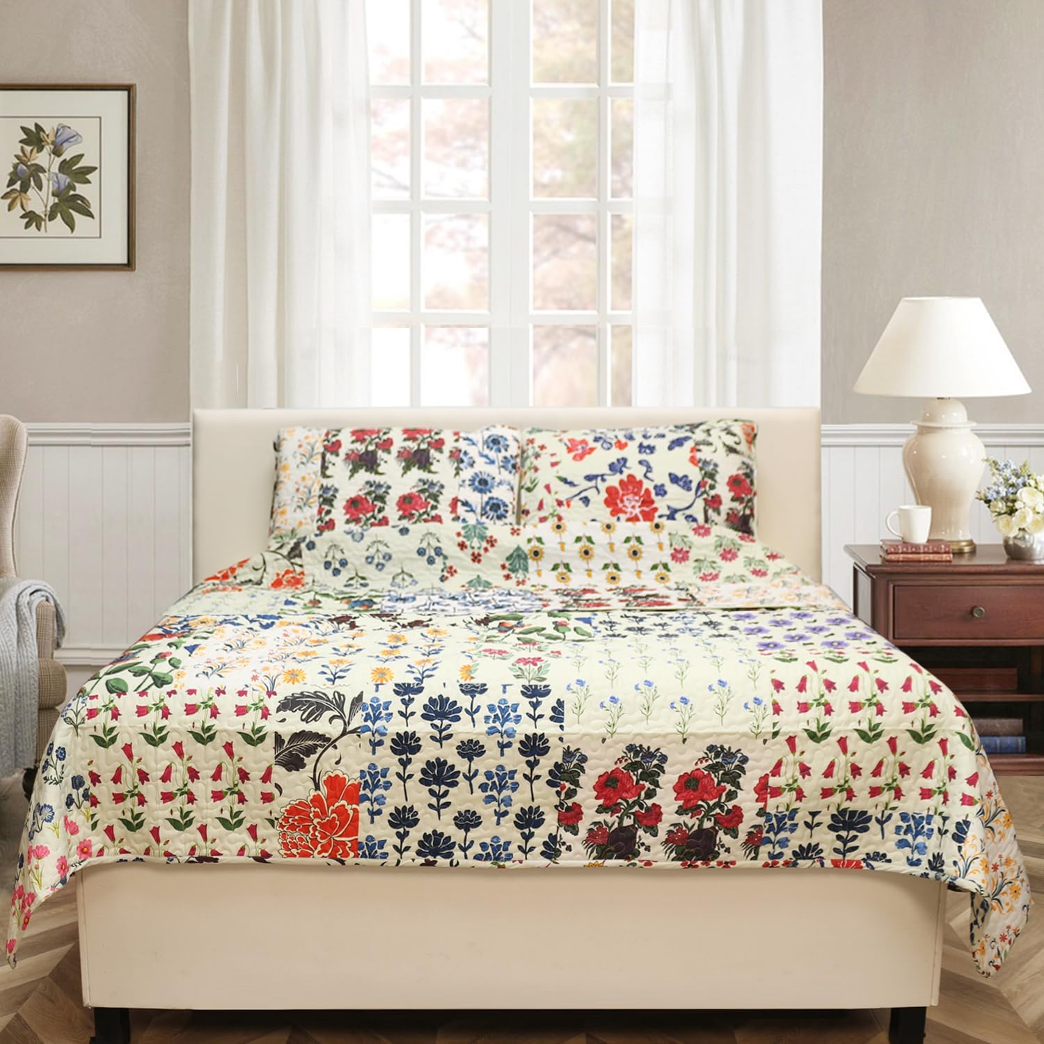 Patchwork Quilt Set Queen Size 3 Pieces Set Quilts Block Print Bohemian Bedspread Coverlet Set for All Season Reversible Boho Bed Cover Bedding Set 1 Quilt and 2 Pillow Shams, 96" x 92"