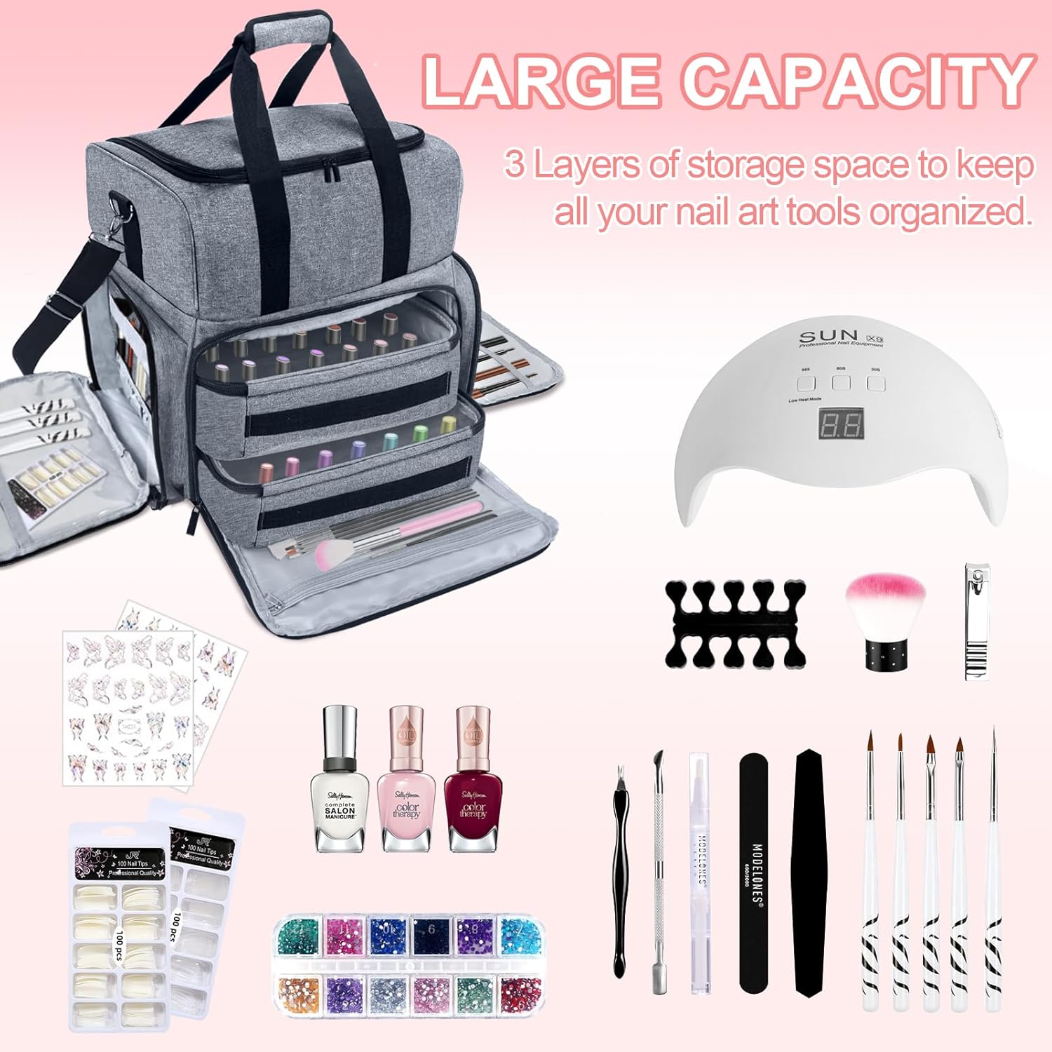 Nail Polish Organizer 3 Layers Holds 70 Bottles (15ml - 0.5 fl.oz) Portable Gel Nail Kit Organizer Case for Nail Lamp Travel Nail Supplies Bag with 2 Removable Nail Polish Holder Pouches (Gray)