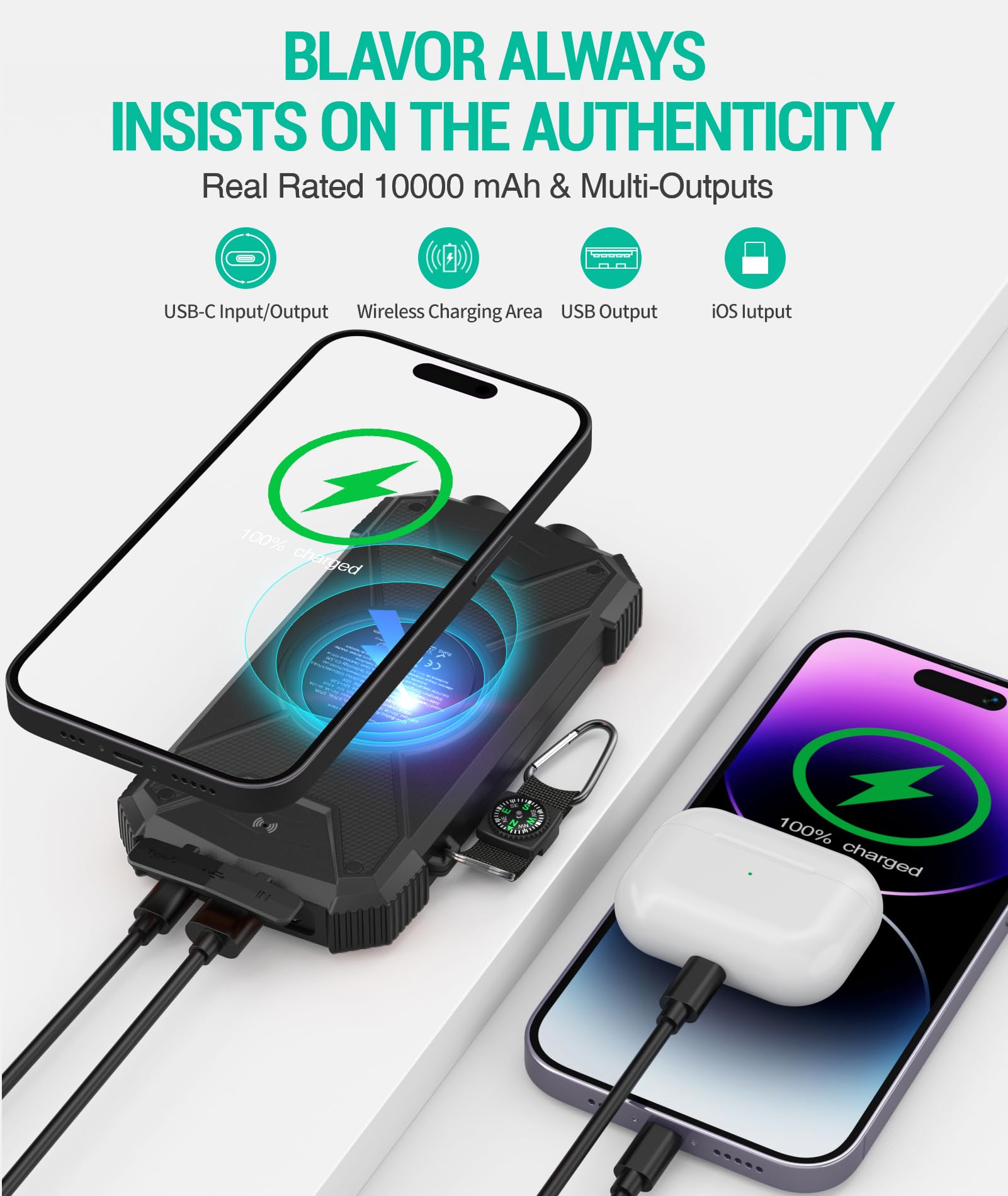 BLAVOR Batterie Externe Solaire Banque de Puissance 10000mAh Chargeur Solaire pour randonnée, Chargeur Rapide sans Fil pour Telephone, Interface USB Compatible avec Les Téléphones, Tablettes