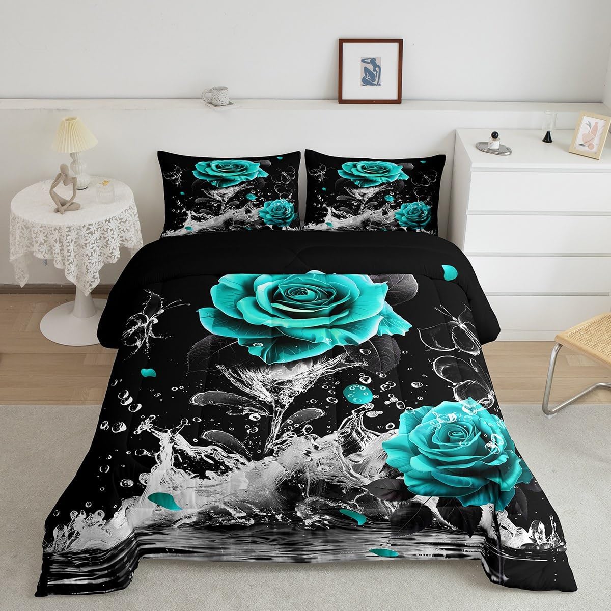 Feelyou Teal Rose Bedding Set Queen Size Romantic Floral Blossom Comforter Set for Adult Black Teal Comforter Reflection on Water Quilt Set 3Pcs