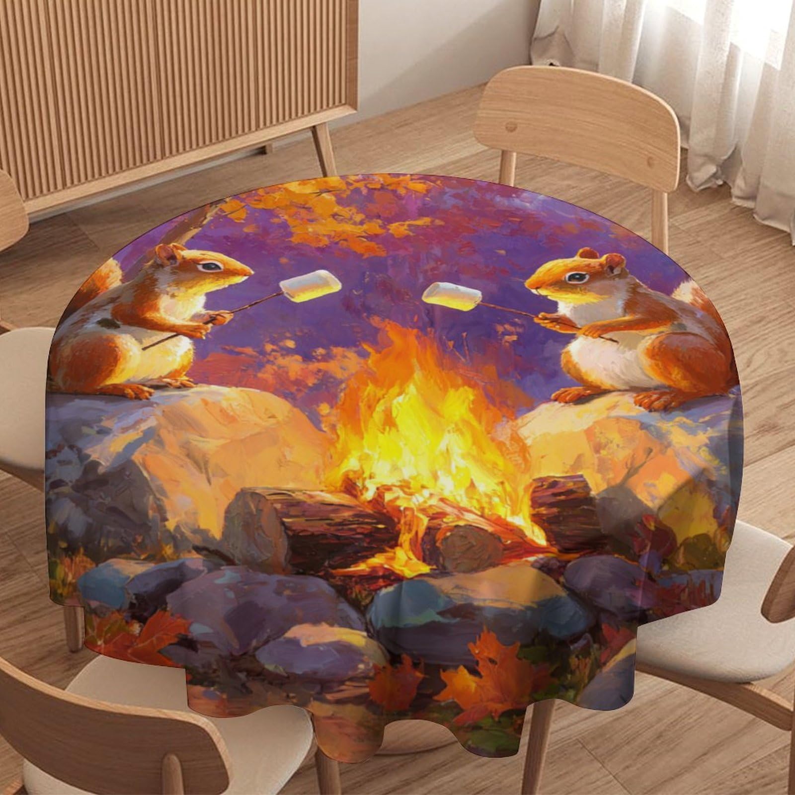 LUYYSKY Cute Realistic Camping Squirrel Waterproof Round Tablecloth Retro Oil Painting Animals Squirrels Plants Maple Trees Washable Table Cover for Kitchen-127 Wx127 L cm