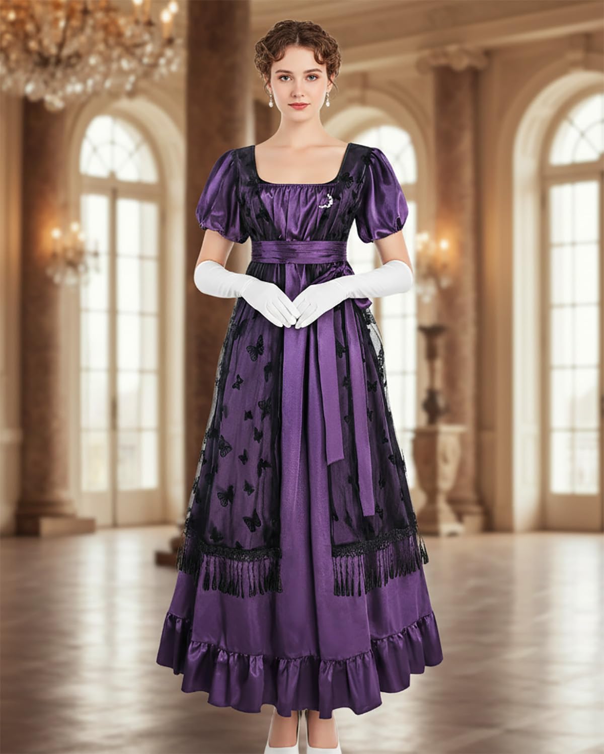 LTAKK Regency Dress Women Regency Costume Empire Waist Tea Party Victorian Gown with Gloves