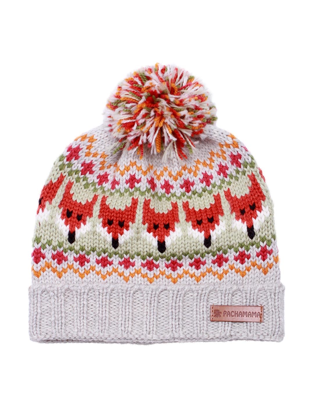 Pachamama Damska czapka z pomponem w 100% z czystej delikatnej wełny merynosów, ręcznie robiona dzianina, lis, wielokolorowa, jeden rozmiar, ręcznie robiona, miękka, ciepła, oddychająca
